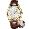 OLEVS Men's Chronograph Quartz Watches, Leather Strap Gold Case with Day Date, Waterproof Stainless Steel Wrist Watch, Luminous Hand Analog Watches for Men, Brown/Black/Blue/White Dial, 2872PZ-White,