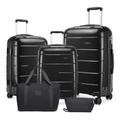 Kono Suitcase Sets of 5 Piece Cabin/Medium/Large Luggage Carry On Suitcase Sets with Travel Bag and Toiletry Bag Lightweight Polypropylene Hard Shell Trolley with Secure TSA Lock (Black, Set of 5PCS)