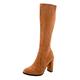 REKALFO Suede Chunky Heel Winter Knee High Boots Women Round Toe Zipper Block Heeled Retro Comfort Dress Boot Brown 4 UK