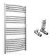 600mm Wide Curved Chrome Heated Bathroom Towel Rail Radiator With Valves For Central Heating UK (With TRV Curved Valves, 600 x 1000 mm (h))