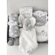 Baby Gift Hamper 0-6M. Unisex Grey & White Baby Gift. Neutral Gift With 5 Piece Layette Clothing Set, Comforter Booties