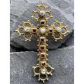 Silver Diamond Pearl & Garnet Gilded Ornate Cross Pendant