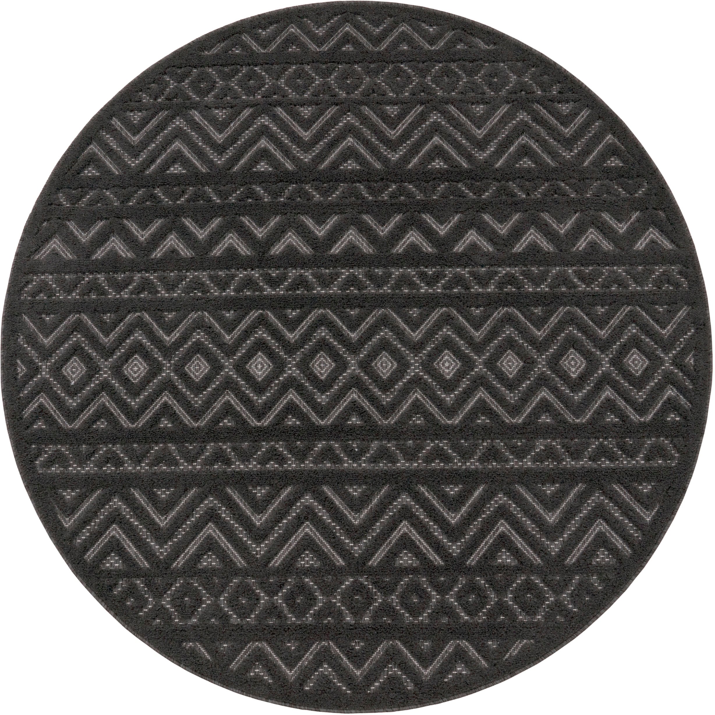 Teppich PACO HOME "Livorno 673", grau (anthrazit), H:14mm Ø:120cm, Polypropylen, Teppiche, Uni-Farben, Scandi, Rauten Muster, Hoch-Tief Effekt, Outdoor geeignet Image