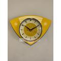 Colour Etched Trianguloid Laminate Caravan Wall Clock From Royale - Midcentury Atomic Jetson Retro Style in Honey Dew Yellow & Cream