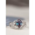 2.3 Ct Pear Alexandrite Bridal Ring Set, White Gold Twig Leaves Set With Marquise Diamonds, Nature Inspired Stacking Rings