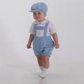 Baptism Boy Outfit Light Blue Linen Bubble Shorts With Suspenders Newsboy Hat White Shirt Baby Natural Suit Peter Pan Collar