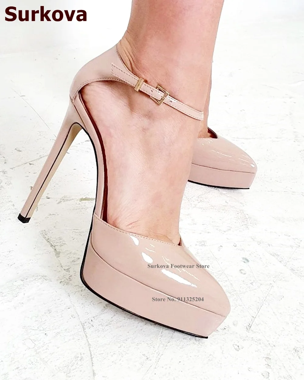 Surkova Nude Mirror Leather Stiletto Heel Dress Shoes V-cut Platform Pointed Toe Gladiator Pumps Knöchel Buckle Strap Footwear