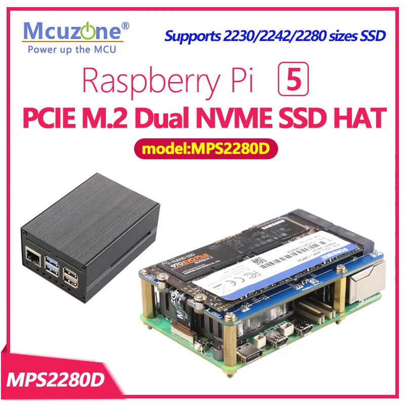 MPS2280D Raspberry Pi 5 PCIE M.2 Dual NVME SSD HAT unterstützt 2280/2242/2230 SSD Image