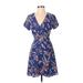 Lush Cocktail Dress - Mini V-Neck Short sleeves: Blue Print Dresses - Women's Size Small