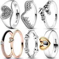 Authentic 925 Sterling Silver Rose Asymmetric Wave Radiant Heart Pave Signet Me Styling Ring For