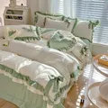 Spring Green Princess Bedding Set Double Layer Lace Bow Quilt Cover Sheet And Pillowcase Simple