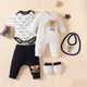 5PCS All-Season Wearable Boys Suit Teddy Bear Jumpsuit Open Button Solid Color Pants Scarf Socks