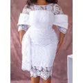 White Lace Dresses for Women Vintage Crew Neck Embroidery Tunic Package Hip Retro Elegant Midi Dress