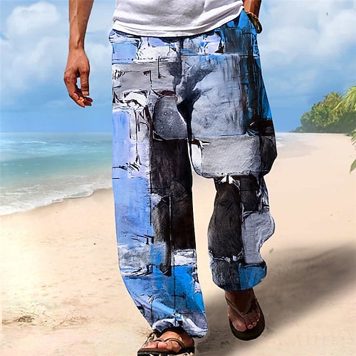 Herren Hose Hosen Sommerhosen Strandhose Kordelzug Elastische Taille 3D-Druck Farbblock Grafik-Drucke Geometrie Komfort Casual Täglich Festtage Strassenmode Hawaiianisch Gelb Blau Image