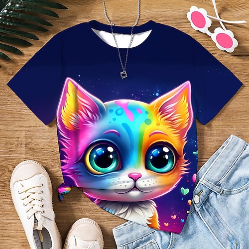Mädchen 3D Graphic Karikatur Katze T-Shirt Kurzarm 3D-Druck Sommer Frühling Aktiv Modisch Kuschelig Polyester kinderkleidung 3-12 Jahre Outdoor Casual Täglich Regular Fit Image