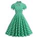Palace waist-cinching polka-dot doll collar lace light dress short-sleeved performance costume large swing dress for women-green bottom with large white dots-S
