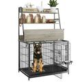 Wooden Dog Crate Furniture with Storage Shelves Dog Kennel Indoor with Removable Tray Double Doors Modern Dog Crate Dog House with Two Adjustable Stainless Steel Bowls End Table Dog Crate