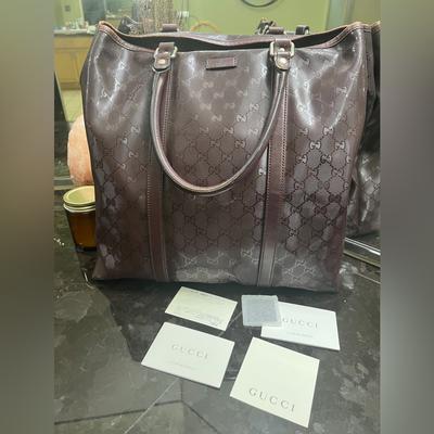 Gucci Bags | Gucci Iconic Gg Imprime Joy Large Tote Bag Wine Red Purple Pvc Leather-Authentic | Color: Brown | Size: Os