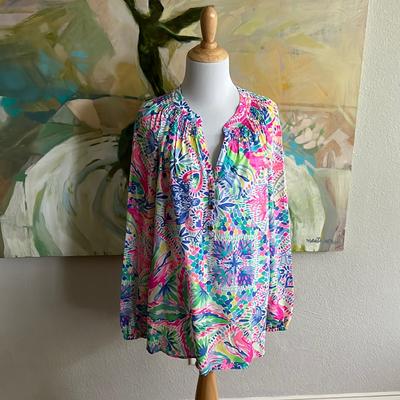 Lilly Pulitzer Tops | Lilly Pulitzer Elsa Top Dancing On Deck Large Silk Like New | Color: Blue/Pink | Size: L