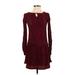 Xhilaration Casual Dress - Mini Keyhole Long sleeves: Burgundy Print Dresses - Women's Size X-Small