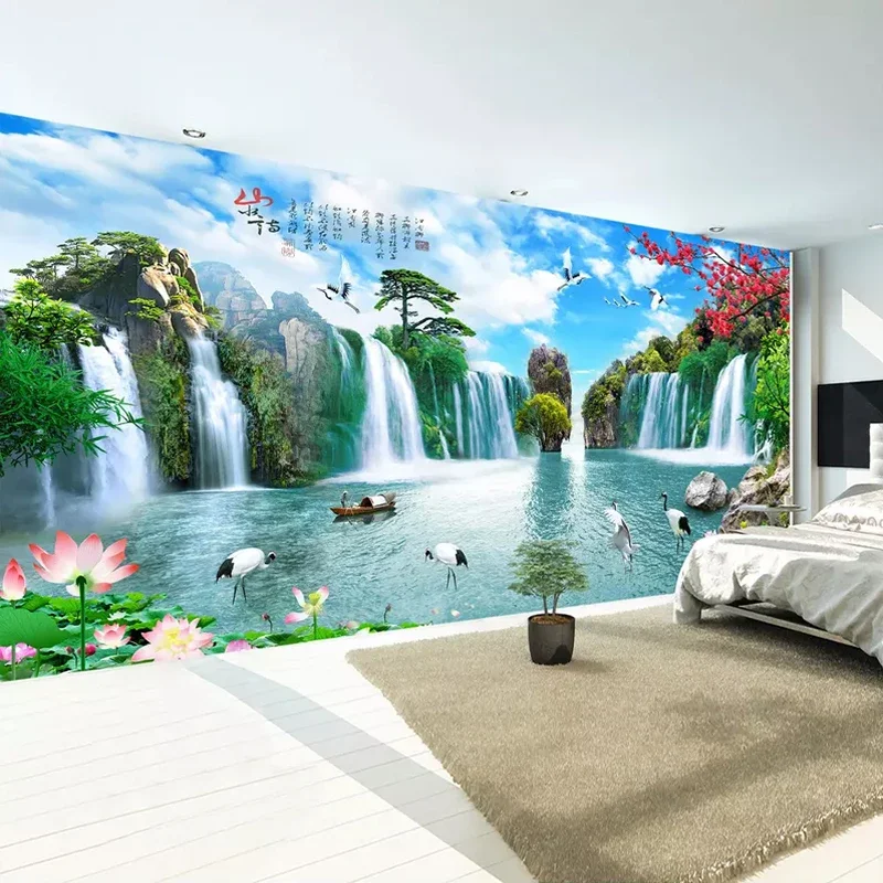 Chinesischen Stil Berg Wasser Landschaft Große Wandbilder Wasserfall Benutzerdefinierte 3D Foto Tapete Für Wohnzimmer TV Hintergrund Wandbild