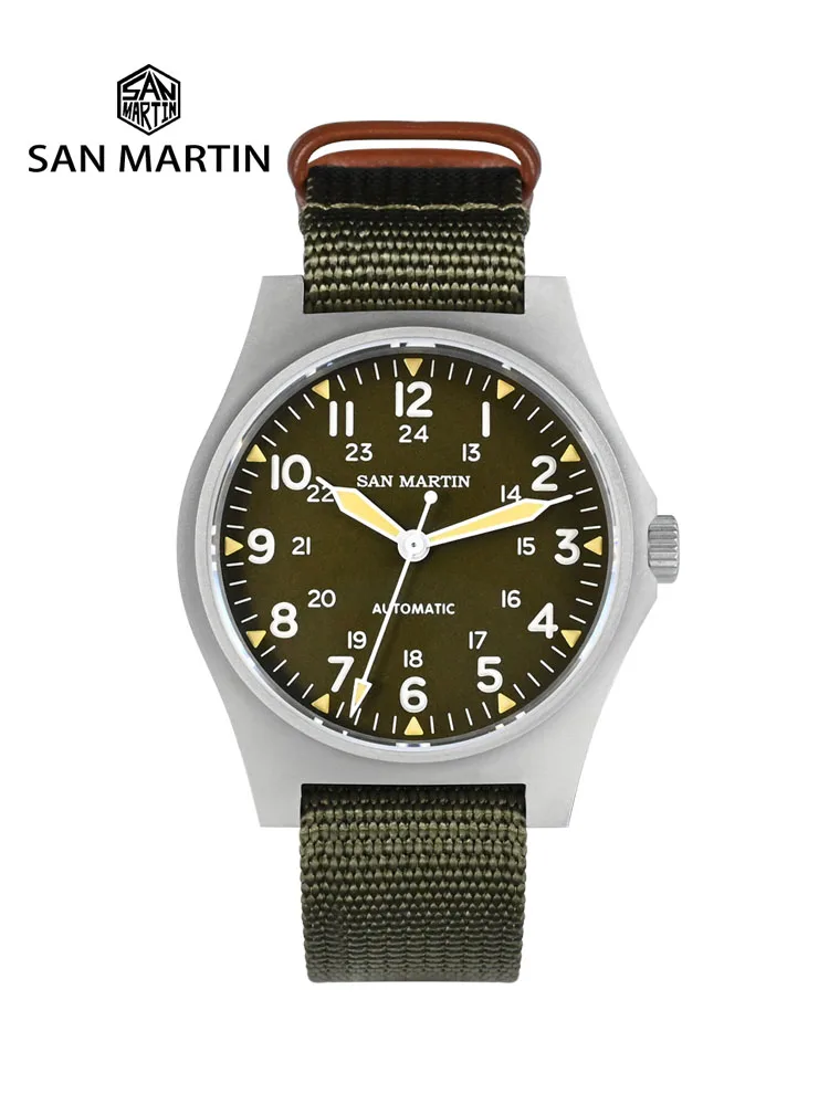 San Martin Fliegeruhr 38 mm NH35 Retro Militär automatische mechanische Armbanduhr Bead Blasted Case Wasserdicht 100 m SN0137 Image
