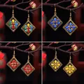 Vintage Ethnic Rhombus Rhinestone Flower Drop Earrings for Women Boho Antique Gold Color Hollow