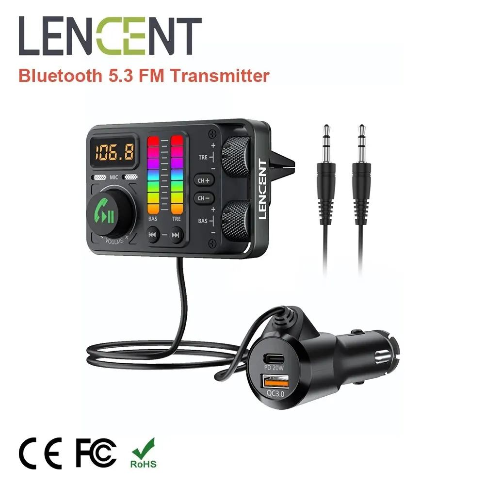 LENCENT Bluetooth 5.3 Auto-FM-Transmitter, Hi-Fi-Musikplayer mit Höhen und Bass, PD20W QC18W schnelles Autoladegerät, Radio-Bluetooth-Auto-Werbung Image