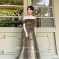 OLOEY Off spalla verde scuro Tulle fata abiti da sera corea matrimonio servizio fotografico elegante