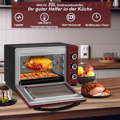 Mini Backofen 32 Liter, 1600 Watt Toasterofen Herausnehmbares, 5 Heizmodi, Doppelglastür Pizzaofen