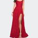 La Femme Long Lace Prom Dress with Attached Shorts - Red - 10