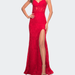 La Femme Lace Prom Gown With Sheer Bodice and Tie Up Back - Red - 14