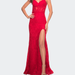 La Femme Lace Prom Gown With Sheer Bodice and Tie Up Back - Red - 2