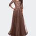 La Femme A-line Tulle Gown with Floral Lace Detail and V-Neck - Brown - 18