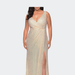 La Femme Sequin Plus Size Gown with Ruching and V-neck - Gold - 14W