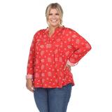 White Mark Plus Size Pleated Long Sleeve Leaf Print Blouse - Red - 1X