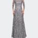 La Femme Lace Gown with Full Skirt and Sheer Lace Sleeves - Grey - 2