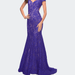 La Femme Lace Mermaid Gown with Cap Sleeves and Open Back - Blue - 12