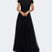 La Femme Tulle Off the Shoulder A-line Dress with Rhinestones - Black - 14