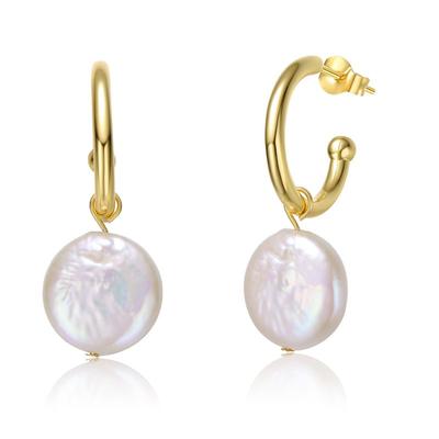 Genevive Sterling Silver 14k Yellow Gold Plated with White Coin Pearl Drop C-Hoop Earrings - Gold - 30