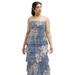 After Six Ruffle Tiered Skirt Metallic Pleated Strapless Midi Dress With Floral Gold Foil Print - 6890FP - Blue