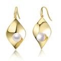 Genevive Sterling Silver 14k Yellow Gold Plated With White Pearl Lily Pad Dangle Drop Wire Earrings - Gold