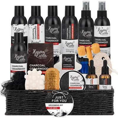 Pure Parker Grooming Kit for Men 18-Piece Gift Set. Charcoal Cedarwood Natural Bath & Body Spa Luxury Shaving Kit
