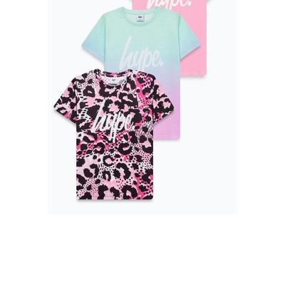 Hype Hype Girls Fade Leopard Print T-Shirt Set (Pack of 3) (Pink/Blue/Black) - Pink - 11