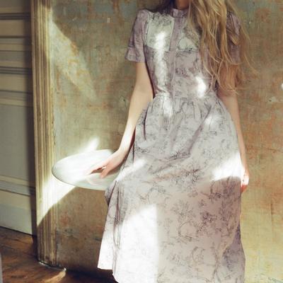 OnÄ«rik Clover Shirt Dress In Lilac + Vintage White Toile Print Cotton Voile - Purple - M