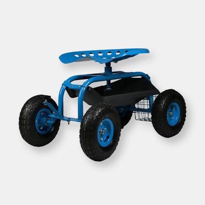 Sunnydaze Decor Rolling Garden Cart Tool Tray Basket Steering Handle 360 Swivel Work Seat - Blue