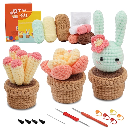 Kit di uncinetto per principianti con video tutorial passo-passo Kit di uncinetto per adulti e bambini Kit di maglieria Lo stesso tipo di borsa in lana di crochet per cactus succulenti Regalo di