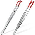 2Pcs Tweezers Tips Set Coated Tips Bent Flat Tweezers Jewelry Hobby Crafts Industrial Electronic Tweezers Tools- Red