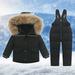 Lilgiuy Boys Girls Two Piece Snowsuit Winter Warm Hooded Artificial Fur Trim Puffer Down Jacket with Snow Ski Bib Pants Outfits for Hiking Mountaineering Black (1-6 Years)