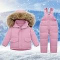 Lilgiuy Boys Girls Two Piece Snowsuit Winter Warm Hooded Artificial Fur Trim Puffer Down Jacket with Snow Ski Bib Pants Outfits for Hiking Mountaineering Pink (1-6 Years)